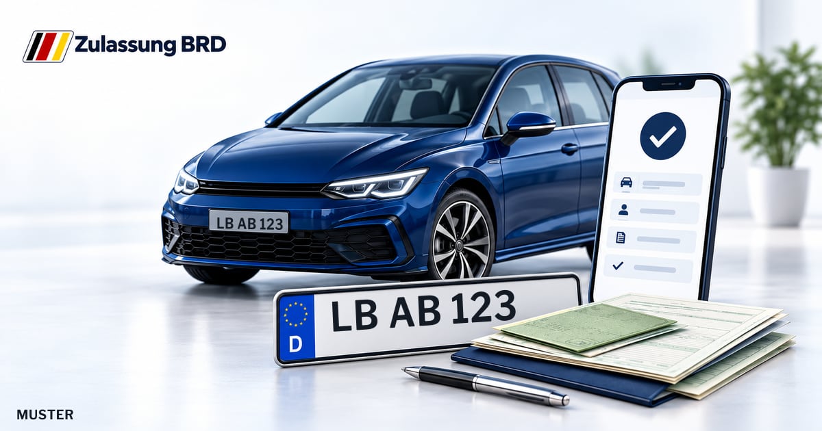 Online Fahrzeugzulassung in Korntal-Münchingen: Musterkennzeichen LB AB 123, Auto und Fahrzeugpapiere und Smartphone. Illustration mit Logo von Zulassung BRD.